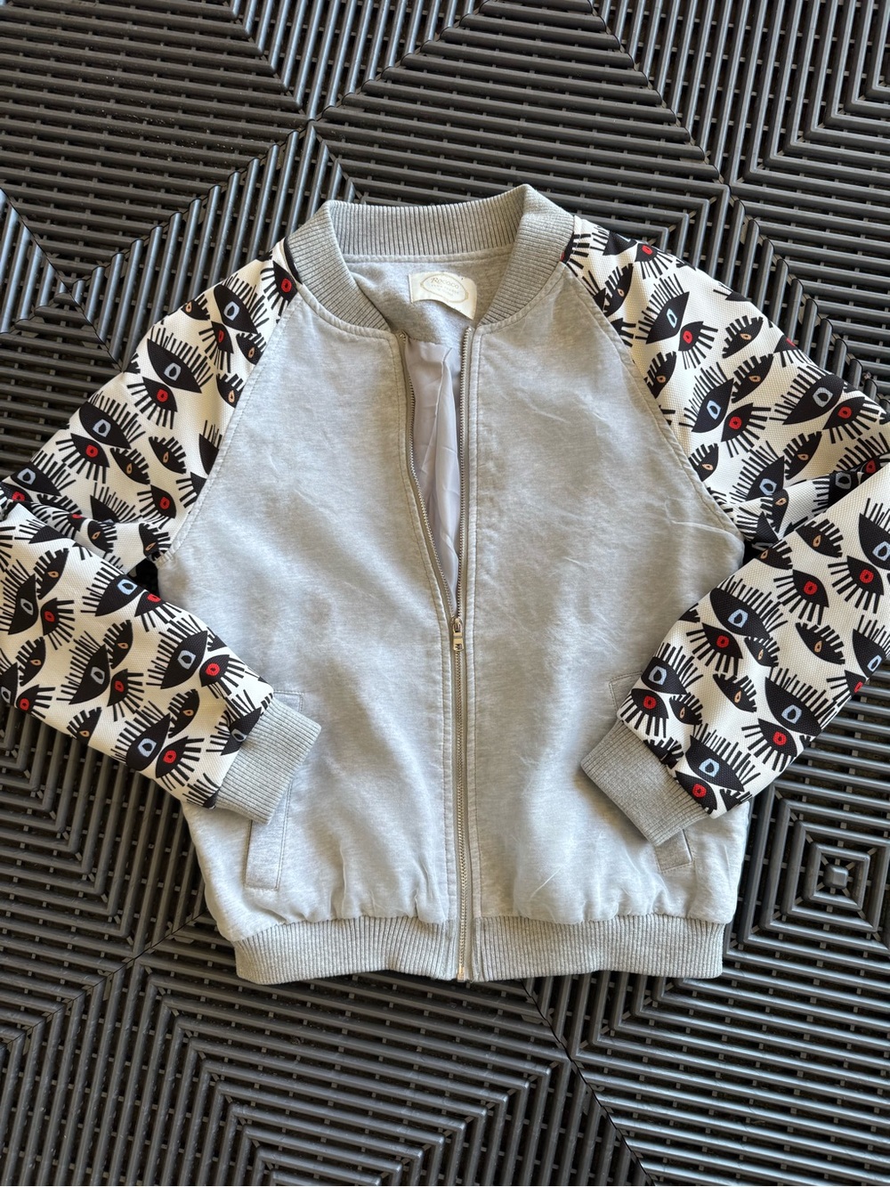 Rococo From France Eye Print Bomber Jacket Gray Mesh Overlay Zip Up M
